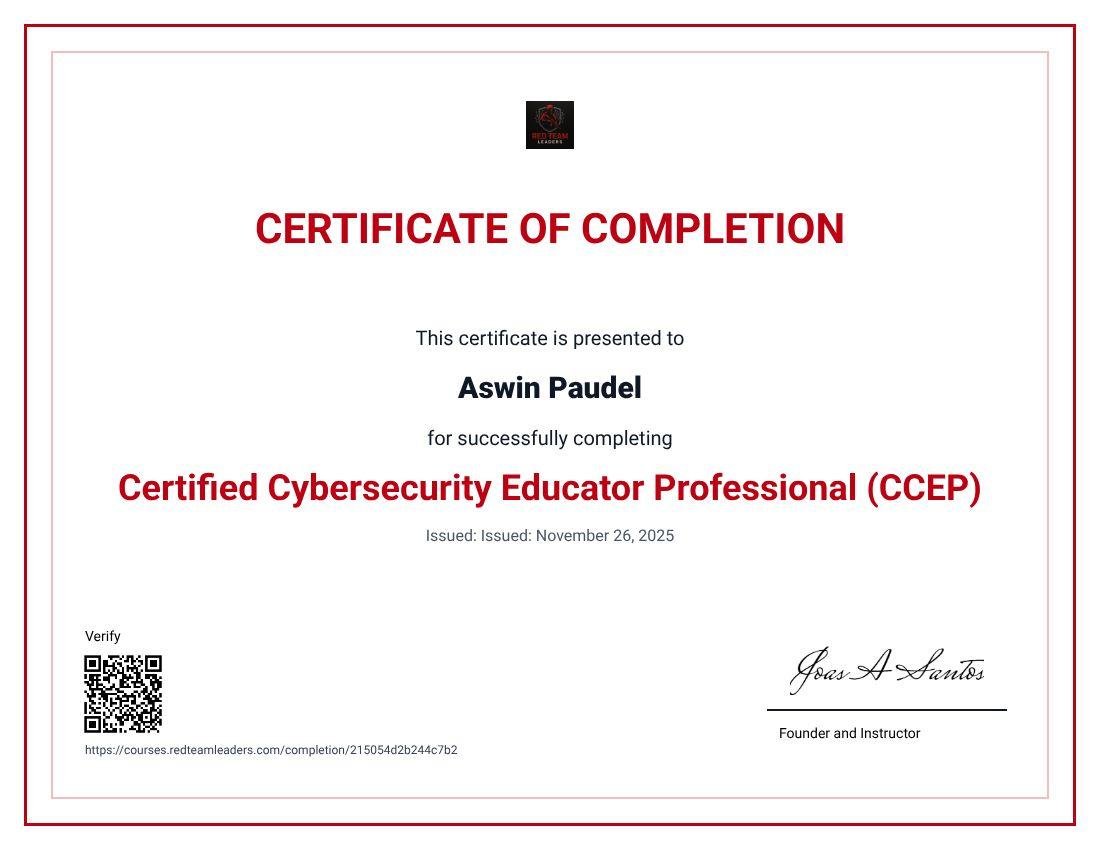 CCEP certificate of completion issued to Aswin Paudel by Red Team Leaders
