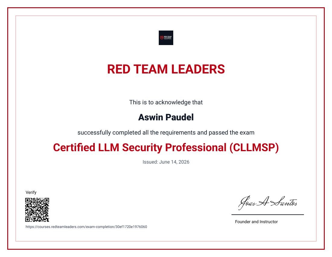 CLLMSP certificate issued to Aswin Paudel by Red Team Leaders