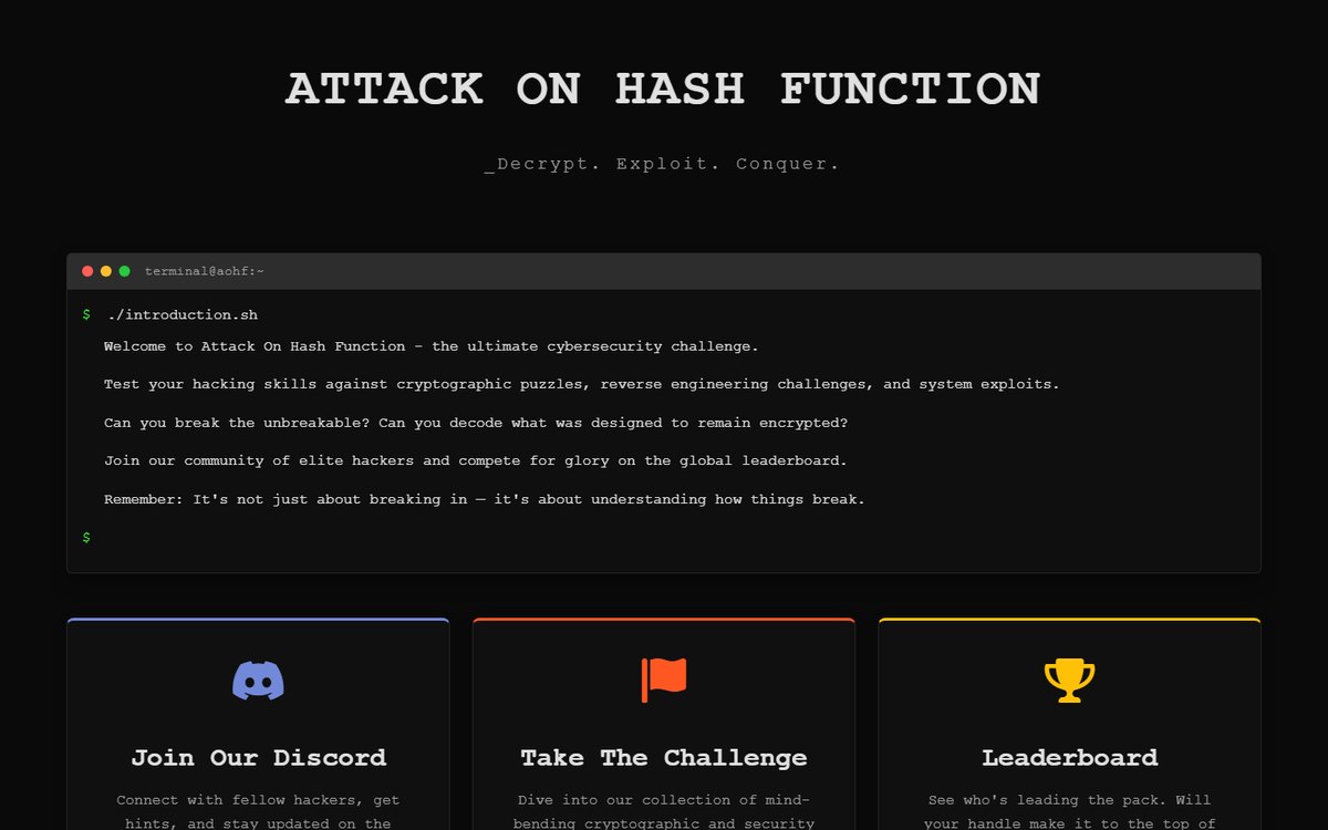 Home page of the Attack On Hash Function CTF portal