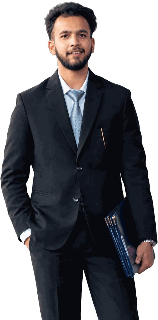Aswin Paudel in a black suit and blue tie, smiling and holding a navy folder